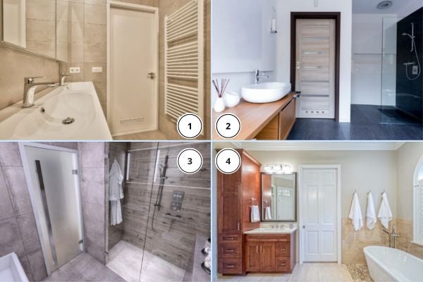 ▲不同材質的浴室門：1.塑鋼門 2.貼皮木門 3.玻璃浴室門 4.玻璃纖維門