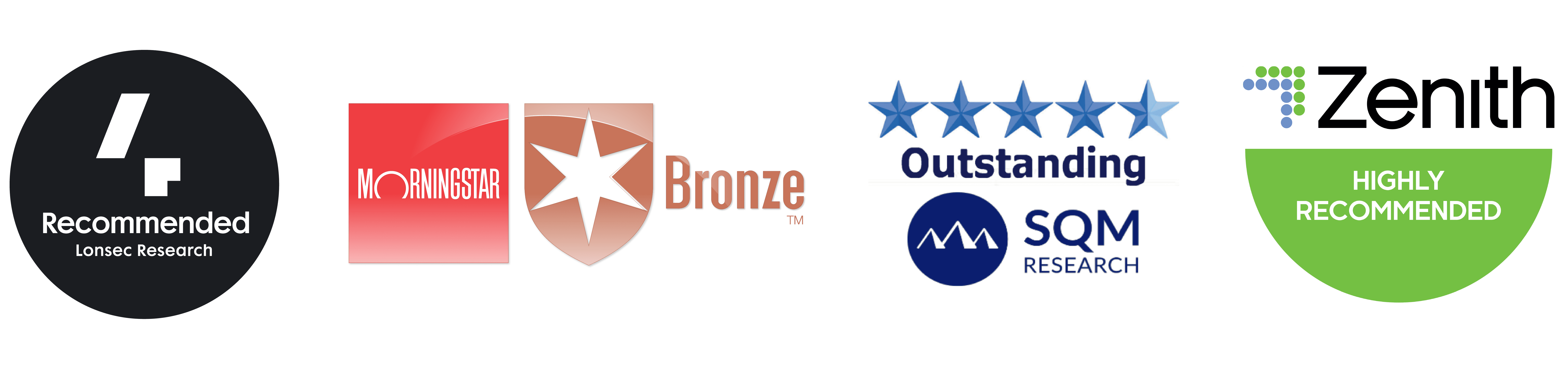 Lonsec recommended, Morningstar Bronze, SQM Outstanding, Zenith highly recommended ratings