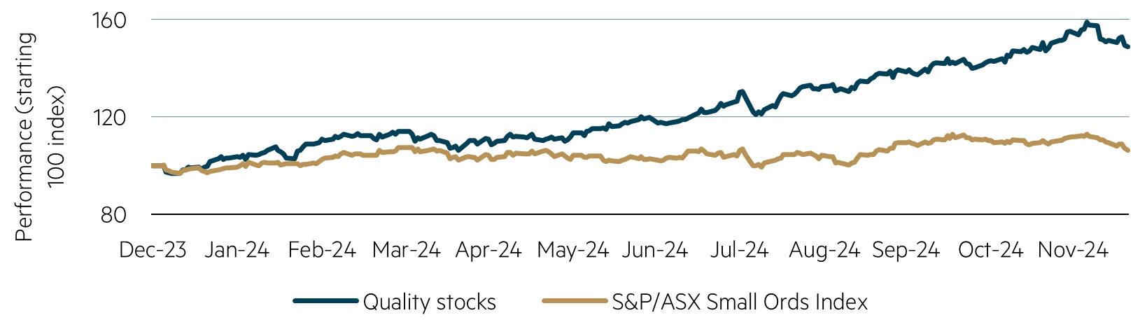 2024 calendar year performance of quality stocks vs S&P/ASX Small Ords Index