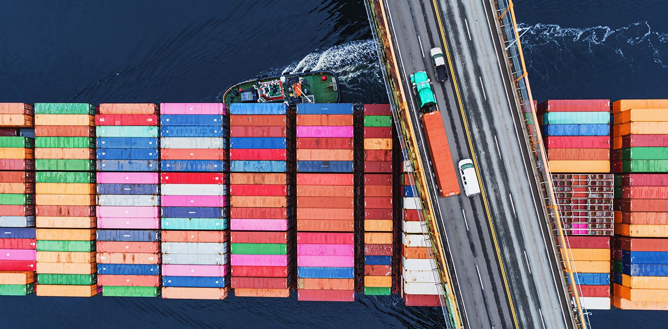 Supply chain road over container ship