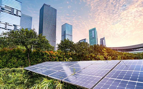 Solar panels among city towers