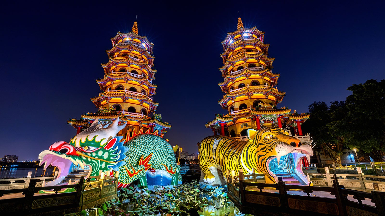 Dragon and Tiger Pagodas at night in Kaohsiung, Taiwan