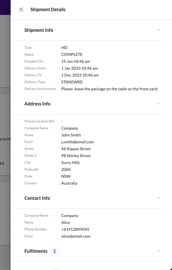 Shipment Details drawer