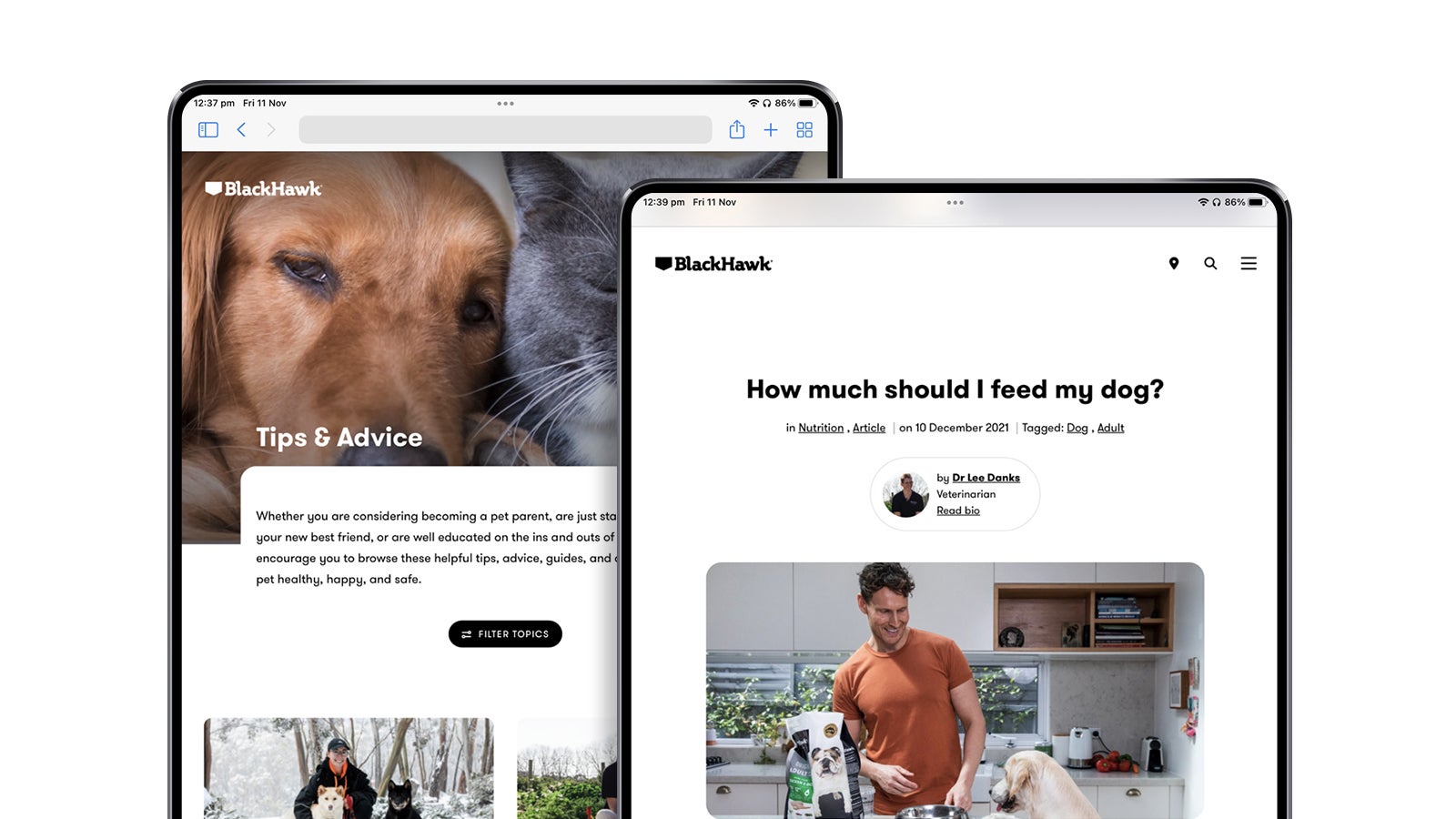 Black Hawk Pet Care | Two Apple iPads showing article pages from the Black Hawk website | Devotion