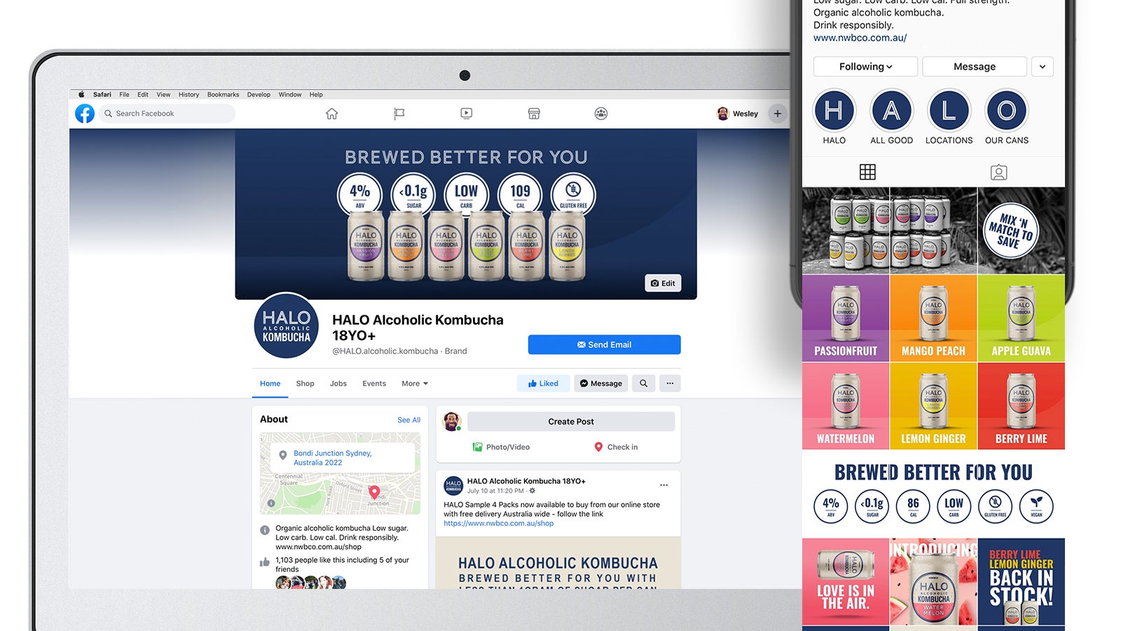 Halo Alcoholic Kombucha | Facebook profile on laptop and Instagram profile on mobile | Devotion