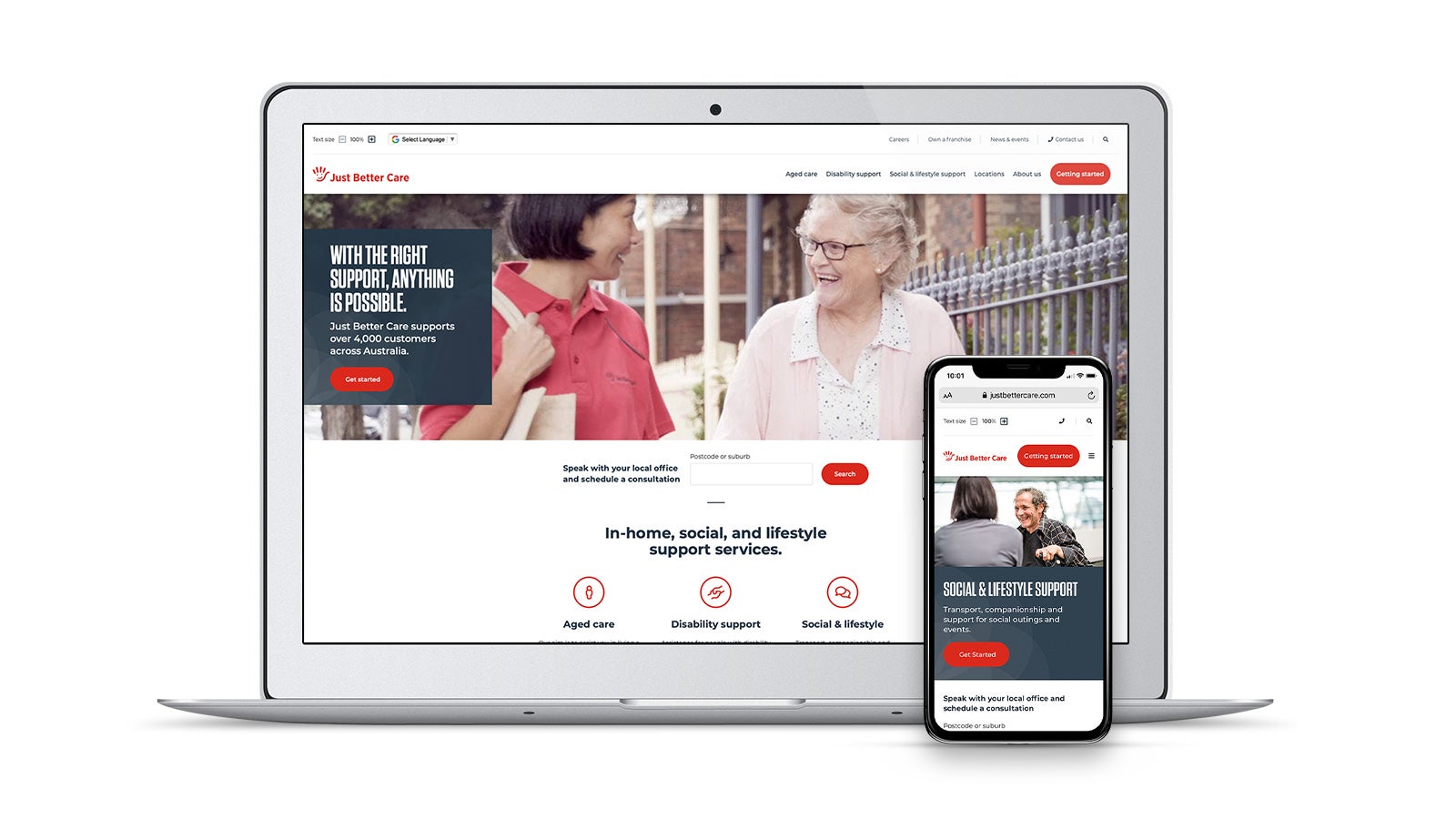 Just Better Care | responsive website homepage on laptop and smartphone | Devotion