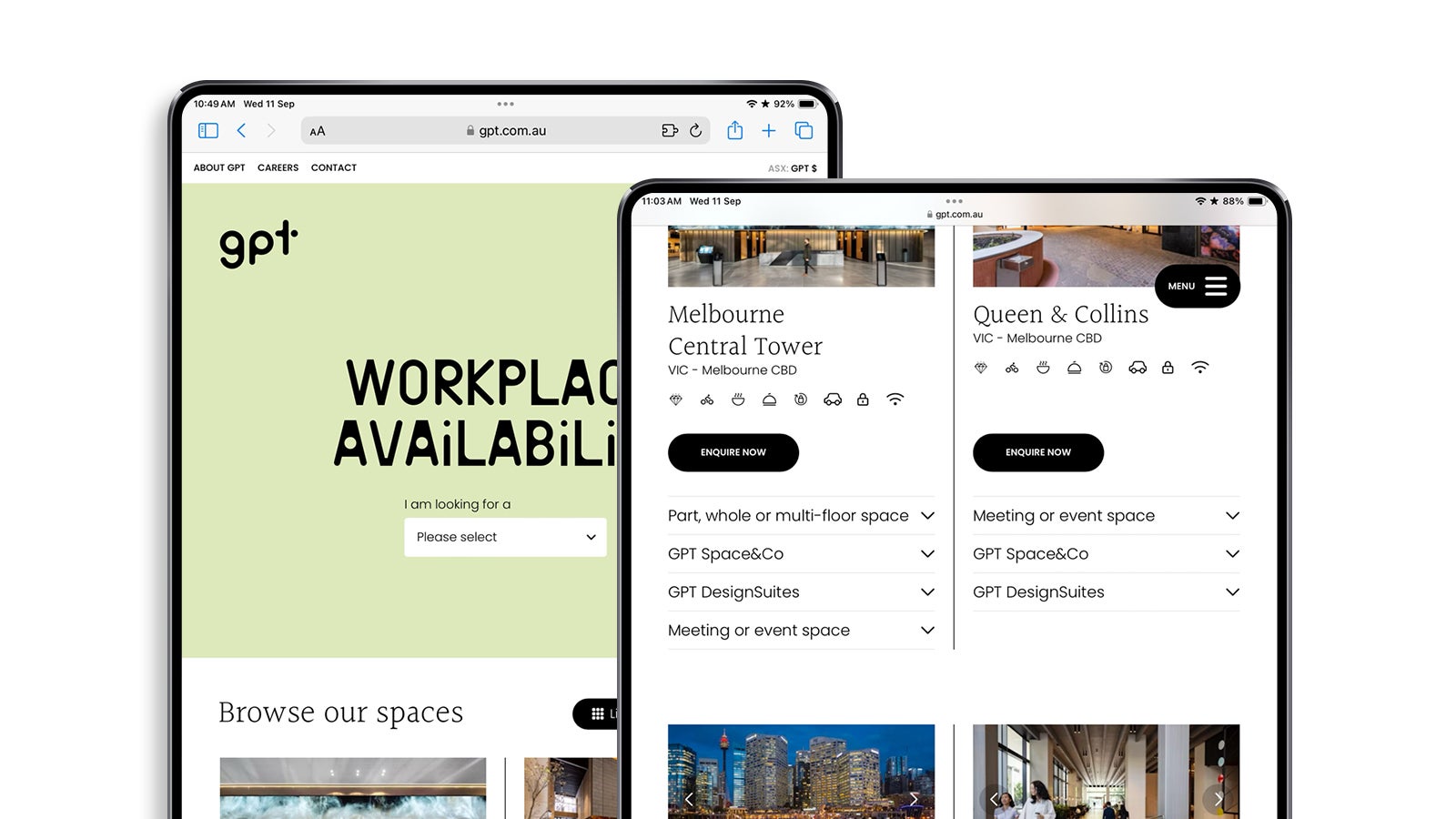 GPT Workplace | Two iPads with the property search pages from the GPT Workplace website showing | Devotion