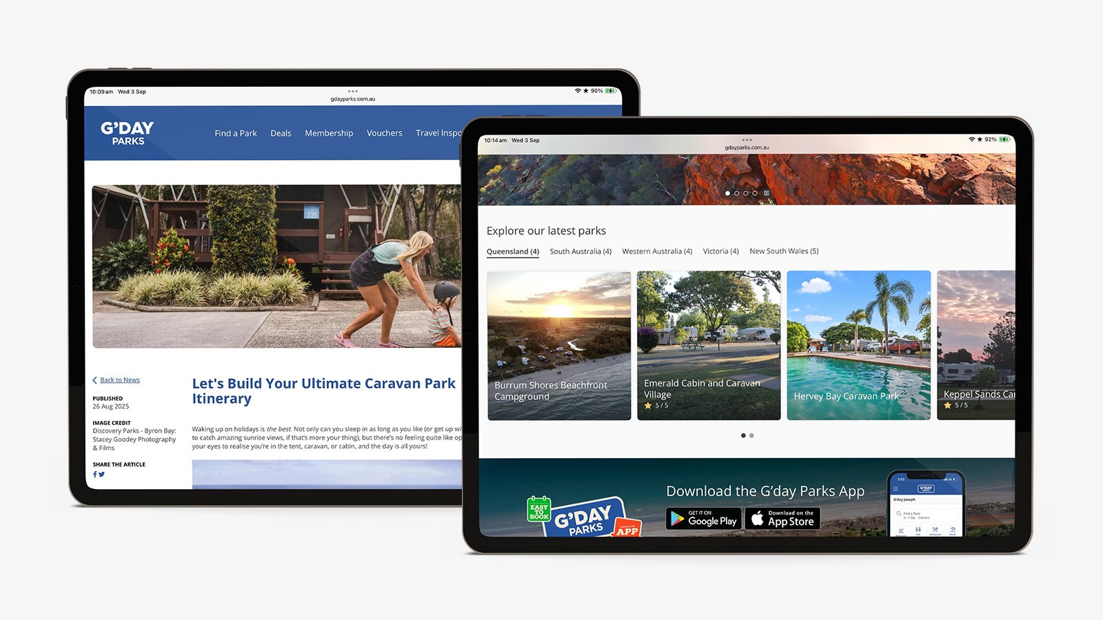 G'day Parks | different pages of the G'day Parks website shown on iPad | Devotion