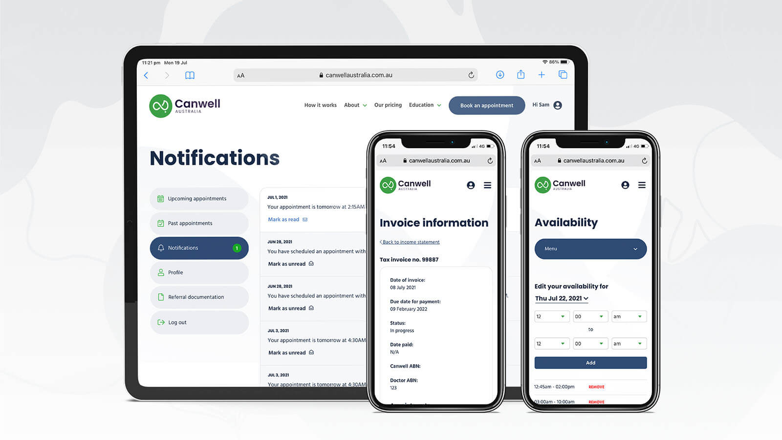 Canwell Australia patient dashboards shown on a tablet and on mobile phones | Devotion