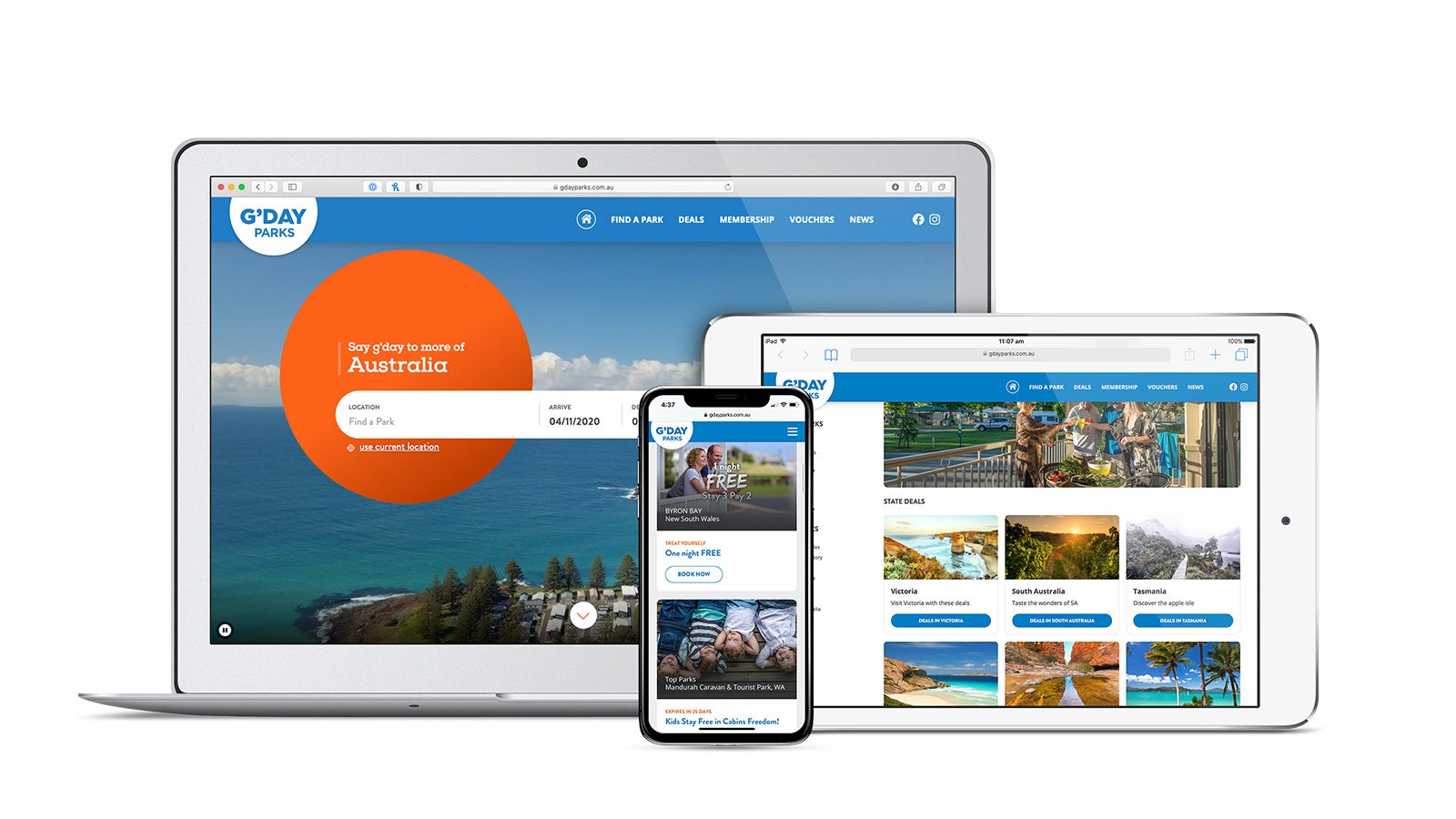 G'day Parks | Responsive G'day Parks website on laptop, tablet, and smartphone | Devotion
