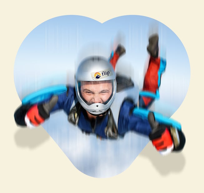 Flip Insurance homepage feature image showing a skydiver over a blue heart | Devotion