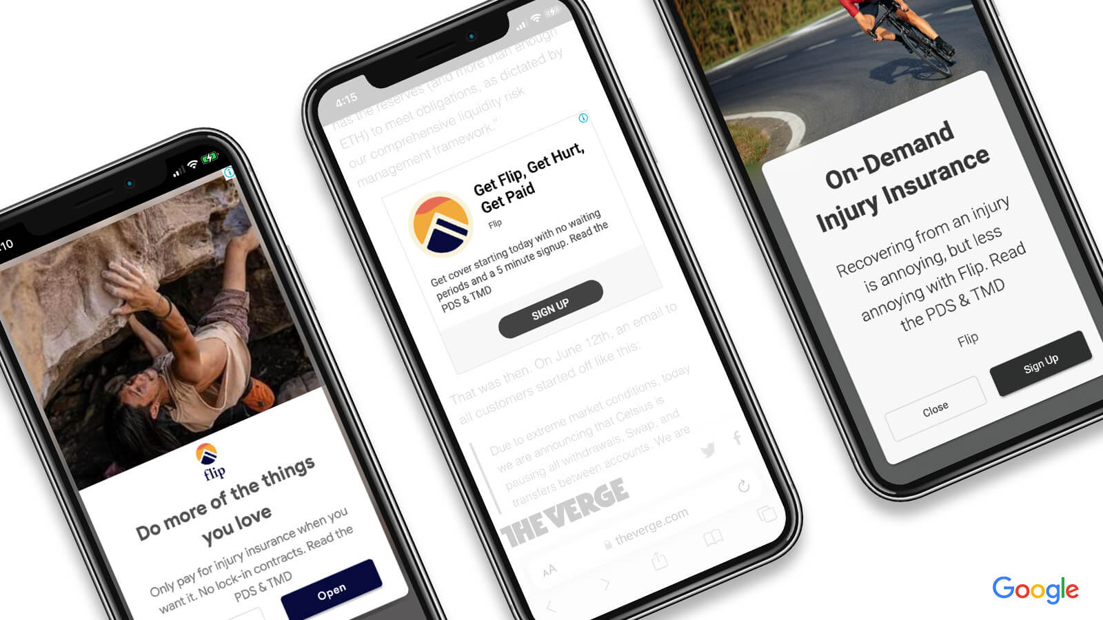 Flip Insurance | Flip Insurance ads in Google shown on a series of smartphones | Devotion