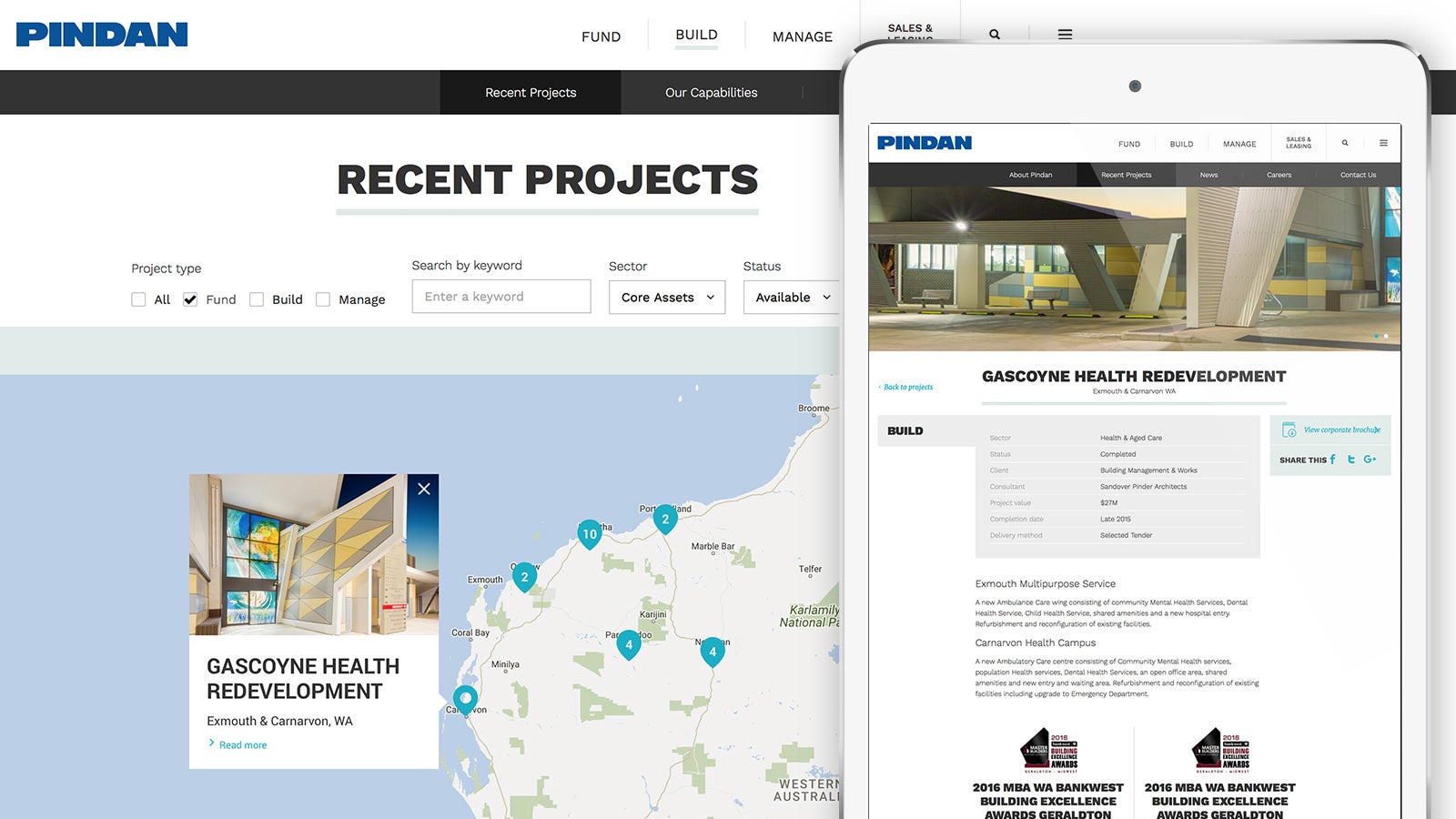 Pindan | recent projects website page and project details website page displayed on tablet | Devotion