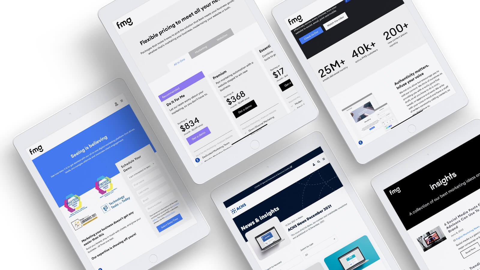 FMG | Various FMG website pages shown on a series of iPads | Devotion