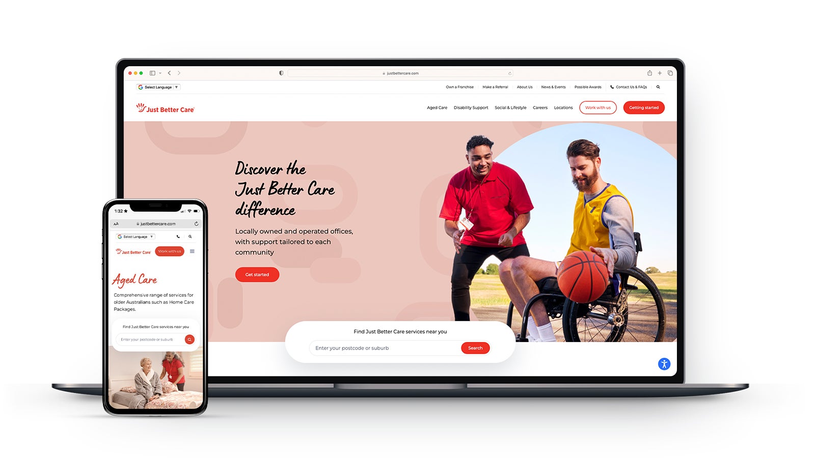 Just Better Care | responsive website homepage on laptop and smartphone | Devotion