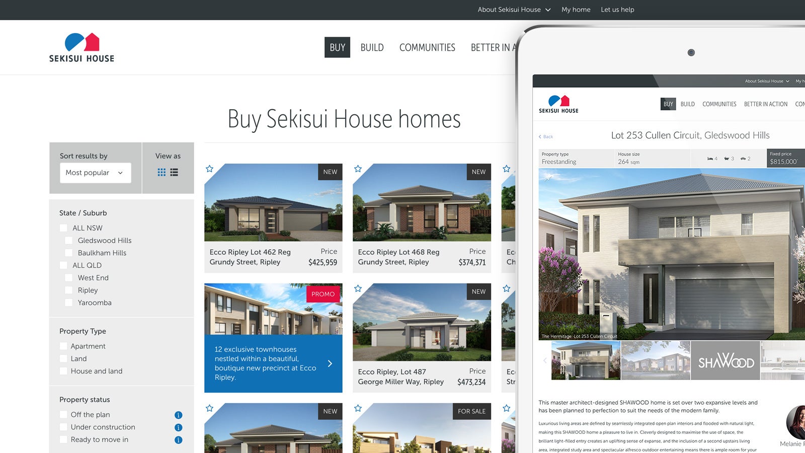 Sekisui House | homes website page and home detail page on tablet | Devotion