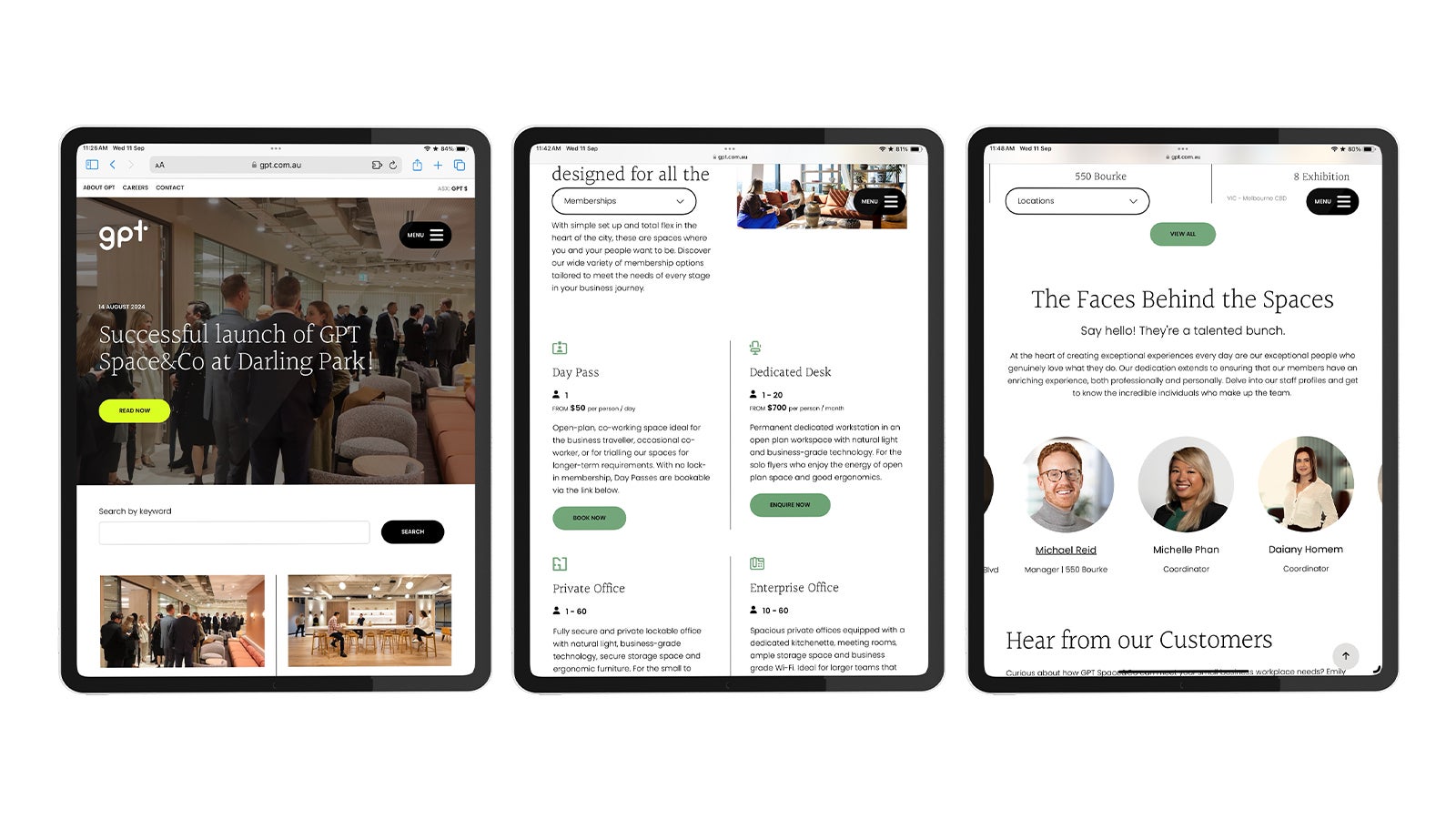 GPT Workplace | Three iPads showing various pages from the GPT Workplace website | Devotion