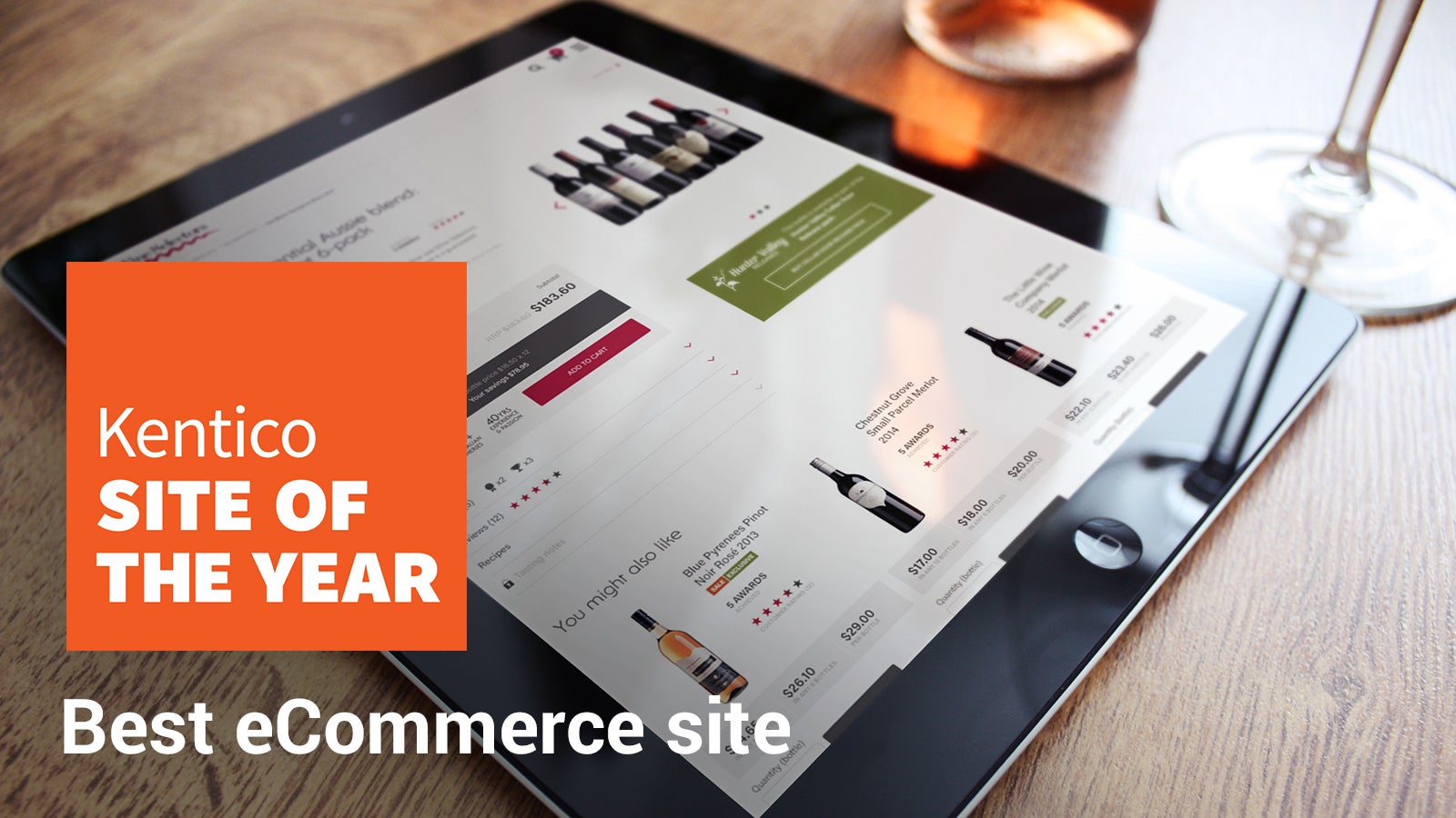 Wine Selectors | Kentico Site of the Year Best eCommerce Site award over Wine Selectors website on iPad | Devotion