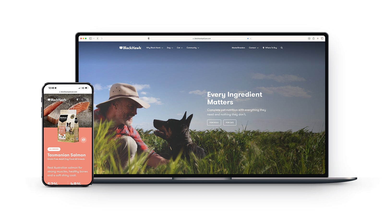 Black Hawk Pet Care | An Apple laptop and iPhone showing the Black Hawk website on the screen | Devotion