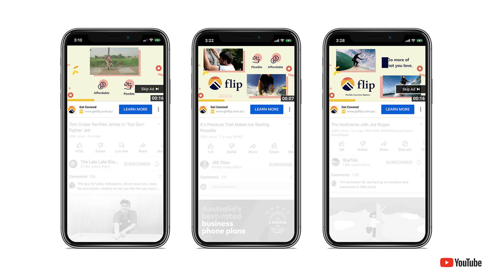 Flip Insurance | Flip Insurance ads in Youtube shown on a series of smartphones | Devotion