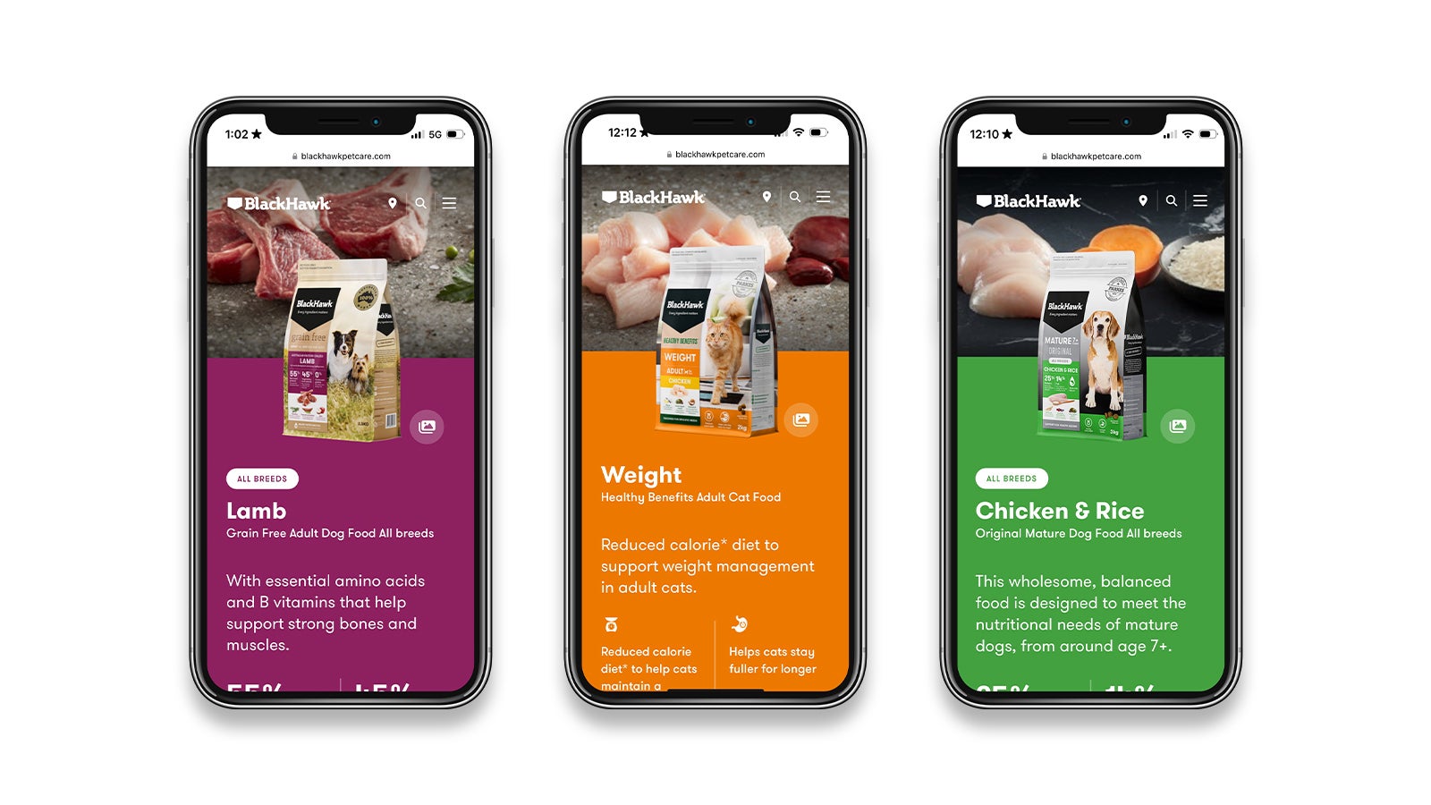 Black Hawk Pet Care | Three Apple iPhones showing various product pages from the Black Hawk website | Devotion