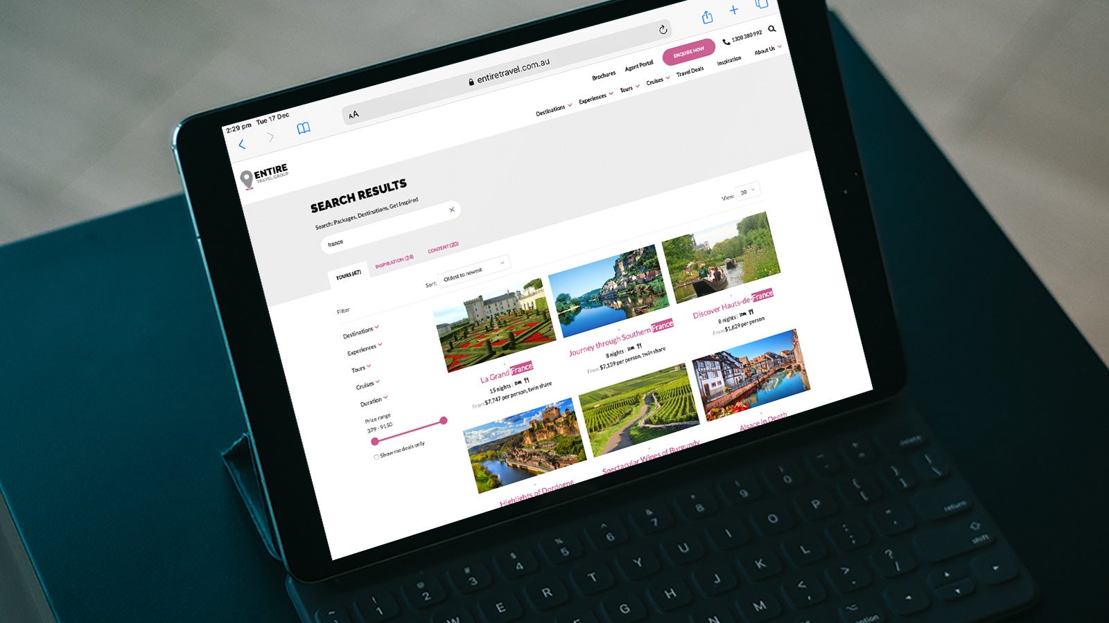 Entire Travel Group gallery image showing the site search on an iPad