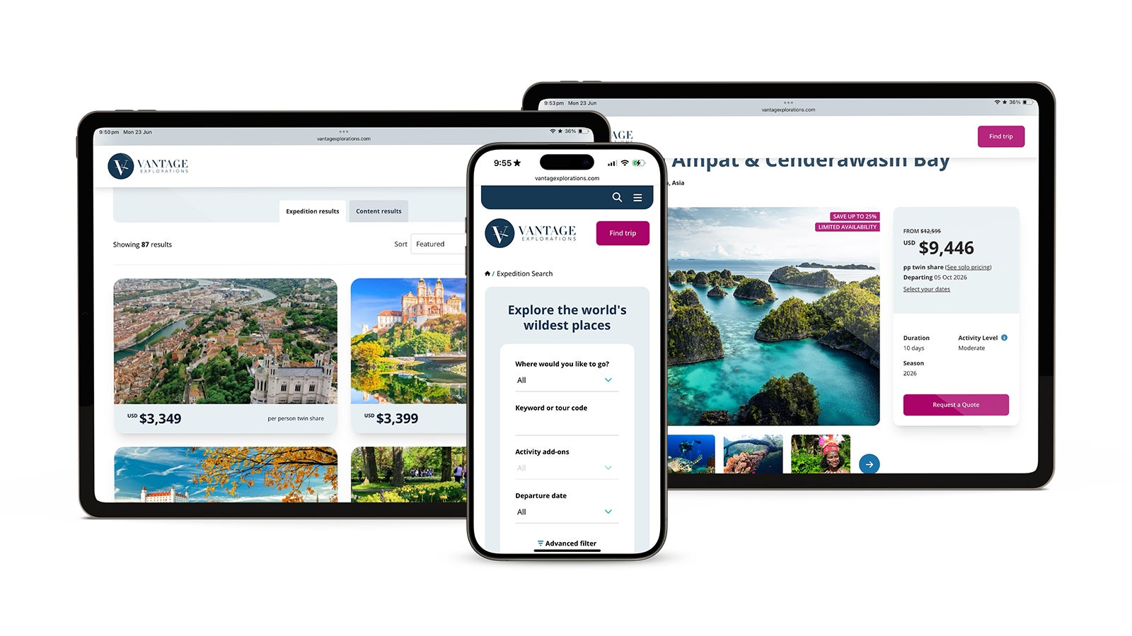 Vantage Explorations | Responsive Vantage Explorations website pages shown on two iPads and a smartphone | Devotion