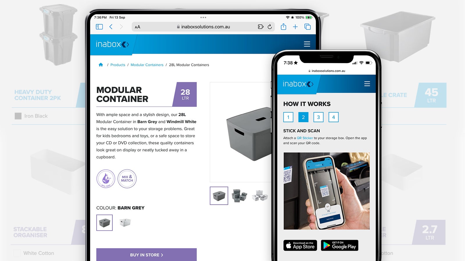 Inabox Solution | Product pages from the Inabox website shown on an Apple iPad and an Apple iPhone | Devotion