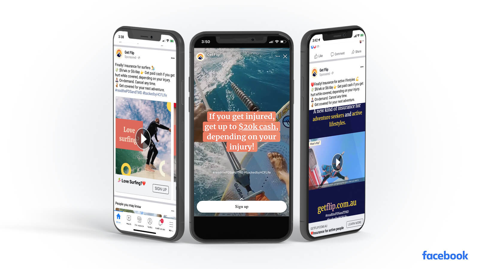 Flip Insurance | Flip Insurance ads in Facebook shown on a series of smartphones | Devotion