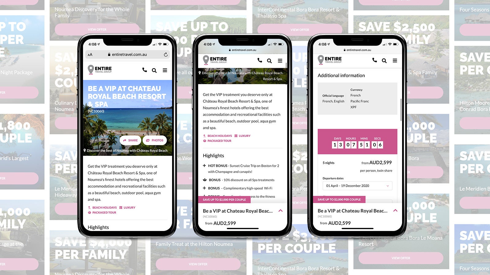 Entire Travel Group gallery image showing a variety of site images on 3 mobile phones, side by side