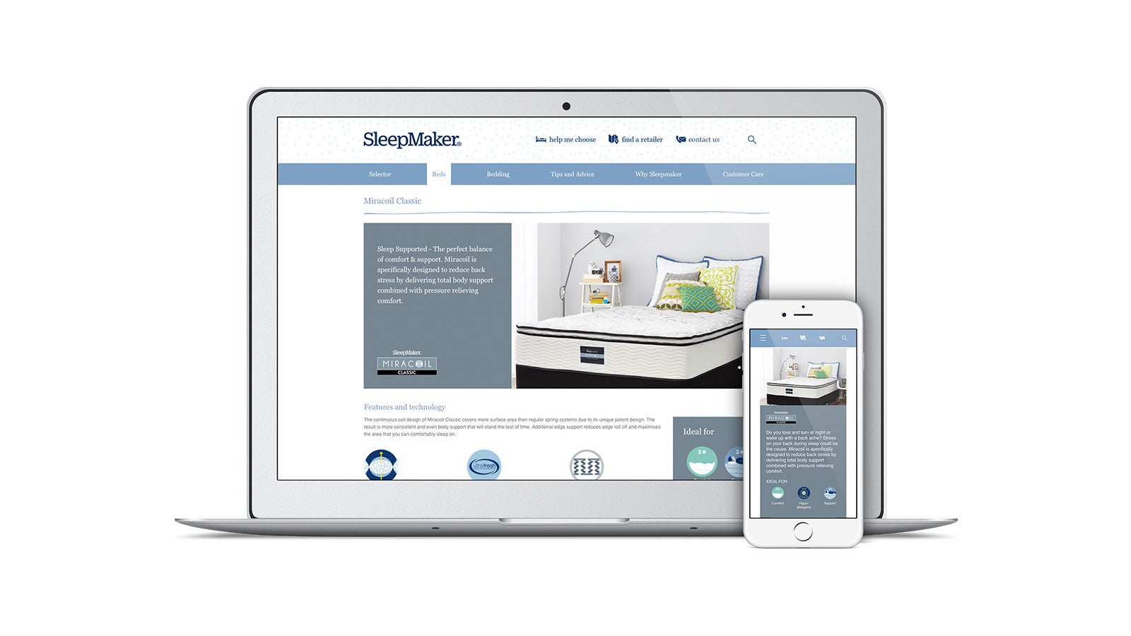 SleepMaker | responsive website on laptop and mobile | Devotion