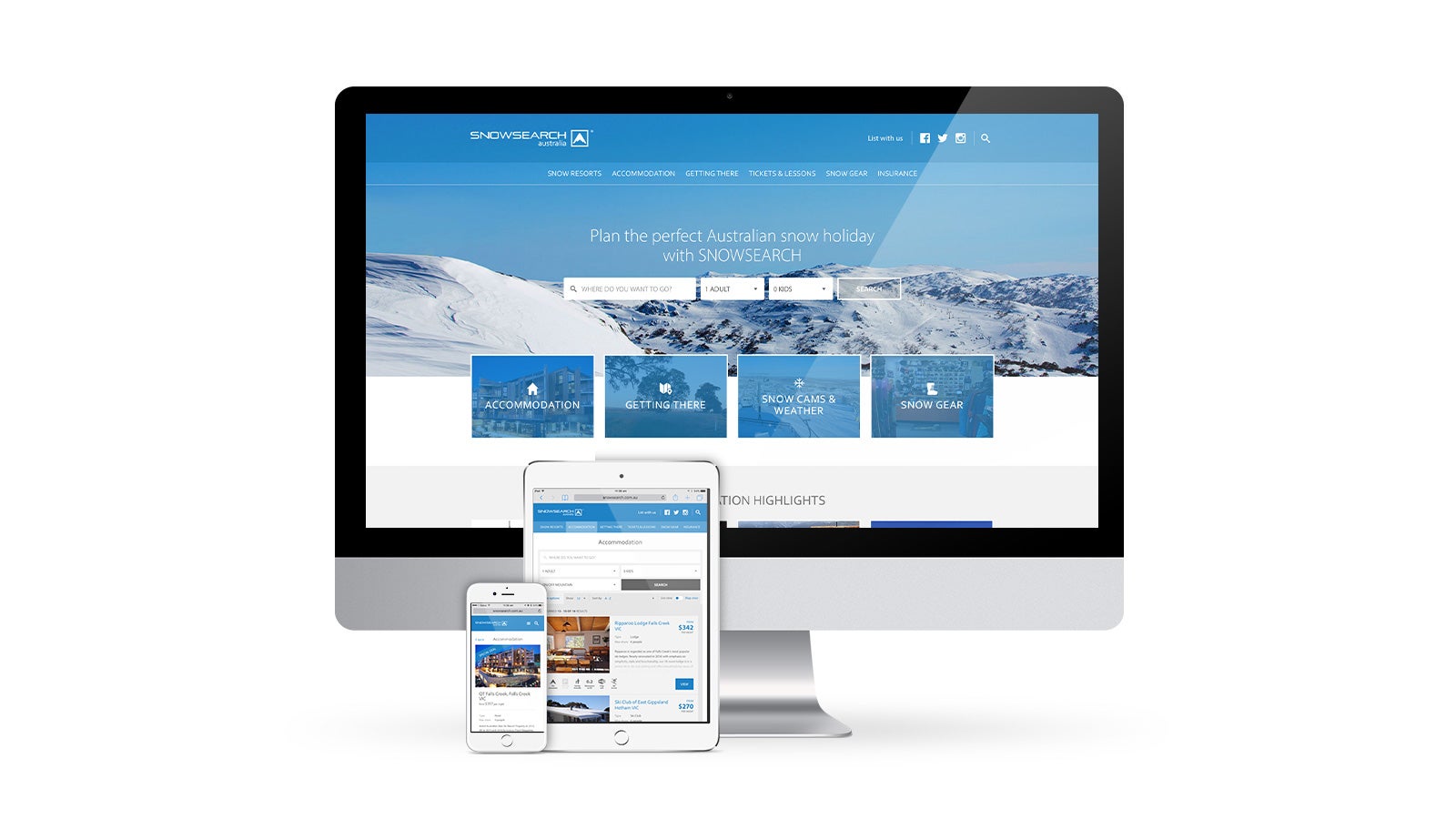 Snowsearch | responsive website design on desktop, tablet and mobile | Devotion