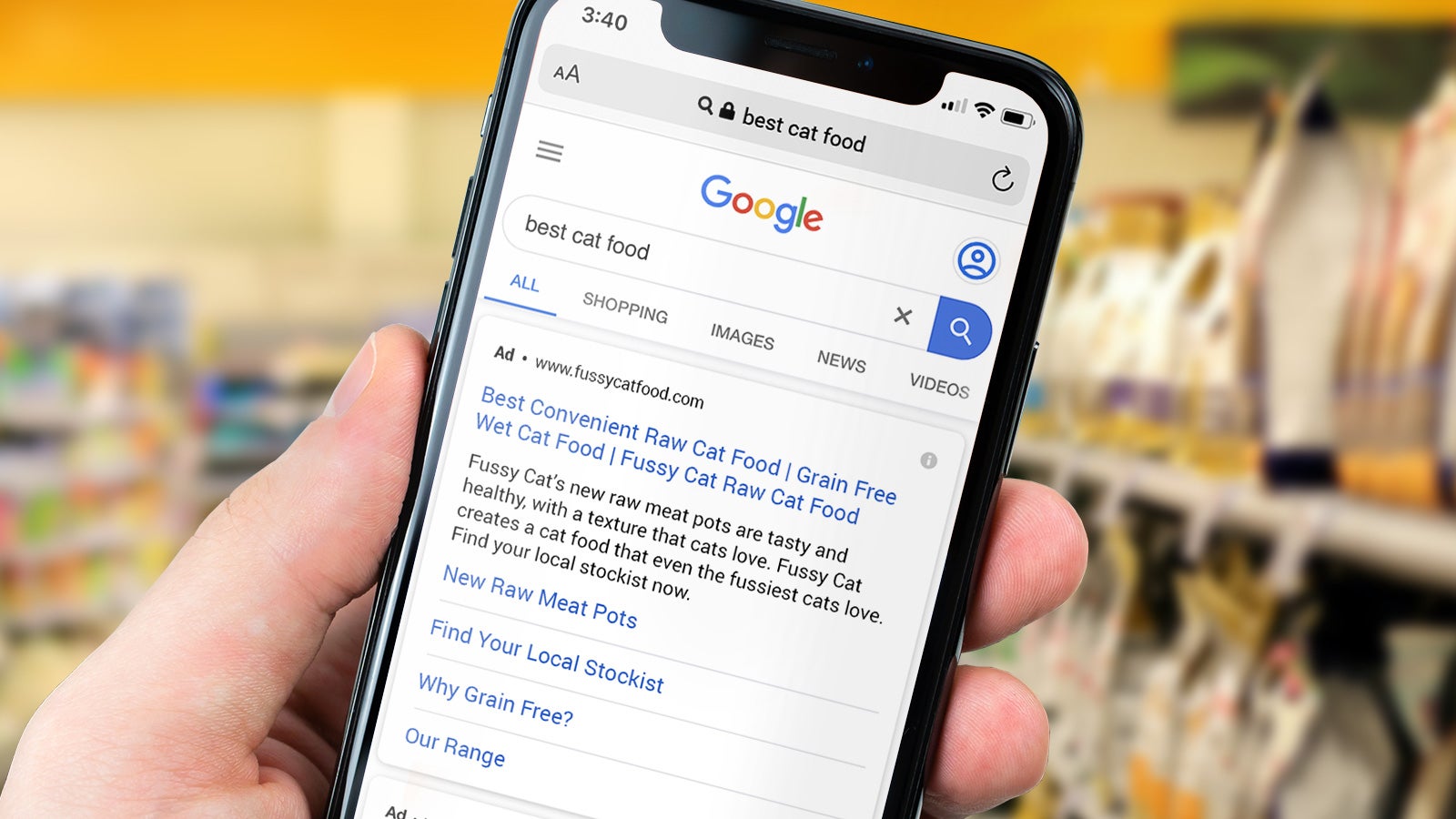 Fussy Cat | Google search result for "bast cat food" showing Fussy Cat as first result on a smartphone | Devotion