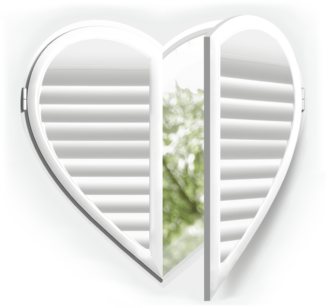Luxaflex window shutters in the shape of a heart with a green scene in the background | Devotion