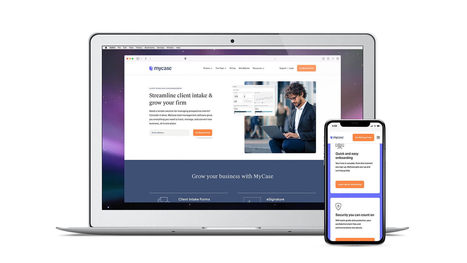 MyCase | Laptop and smartphone showing sections of the MyCase website | Devotion