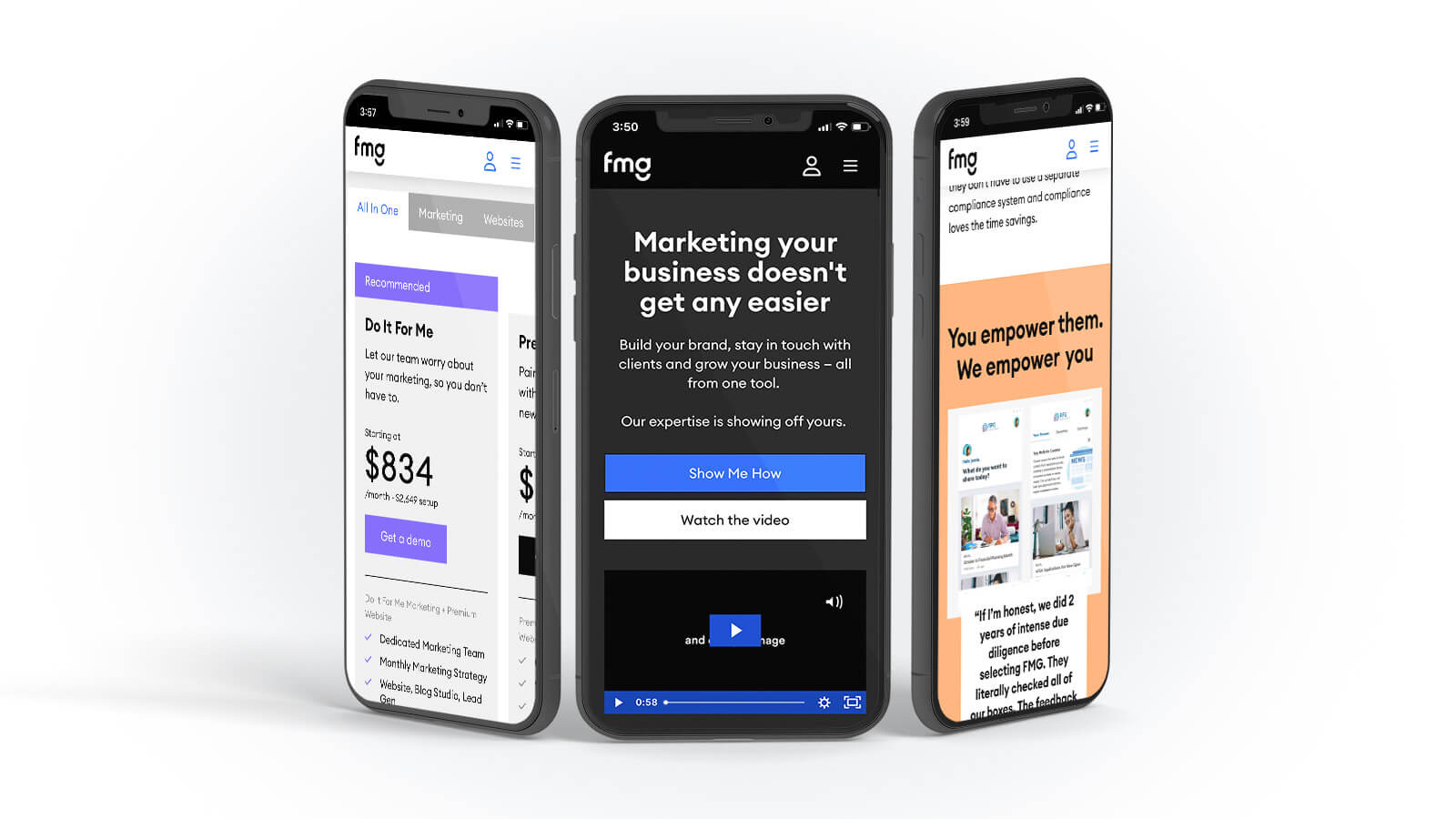 FMG | FMG website shown on three smartphones standing upright | Devotion