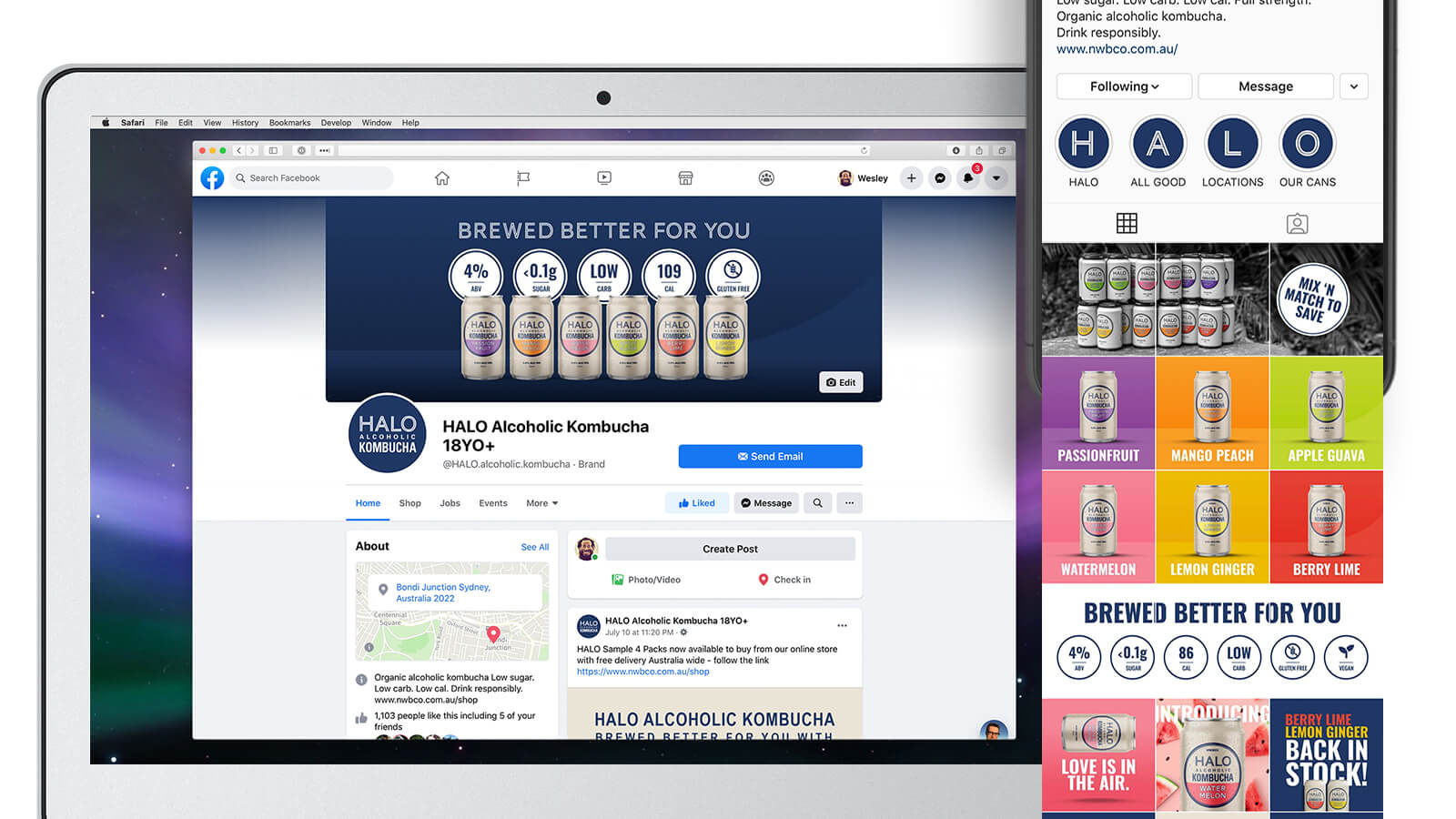 Halo Alcoholic Kombucha | Facebook profile on laptop and Instagram profile on mobile | Devotion