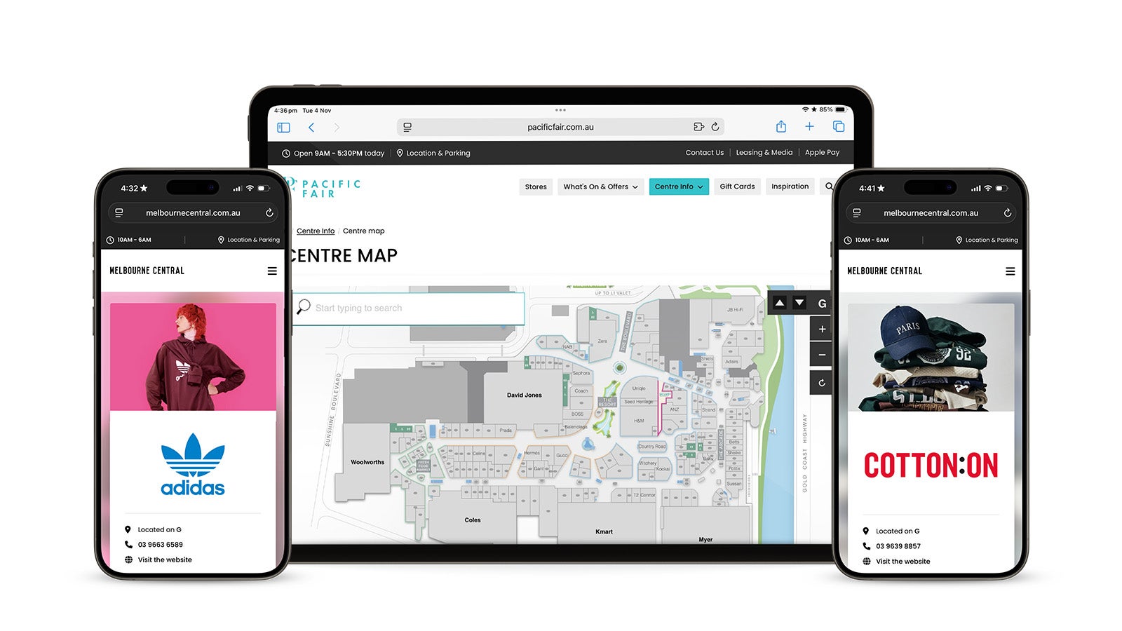 GPT | GPT website mapping feature for Pacific Fair shown on an iPad and two smartphones | Devotion