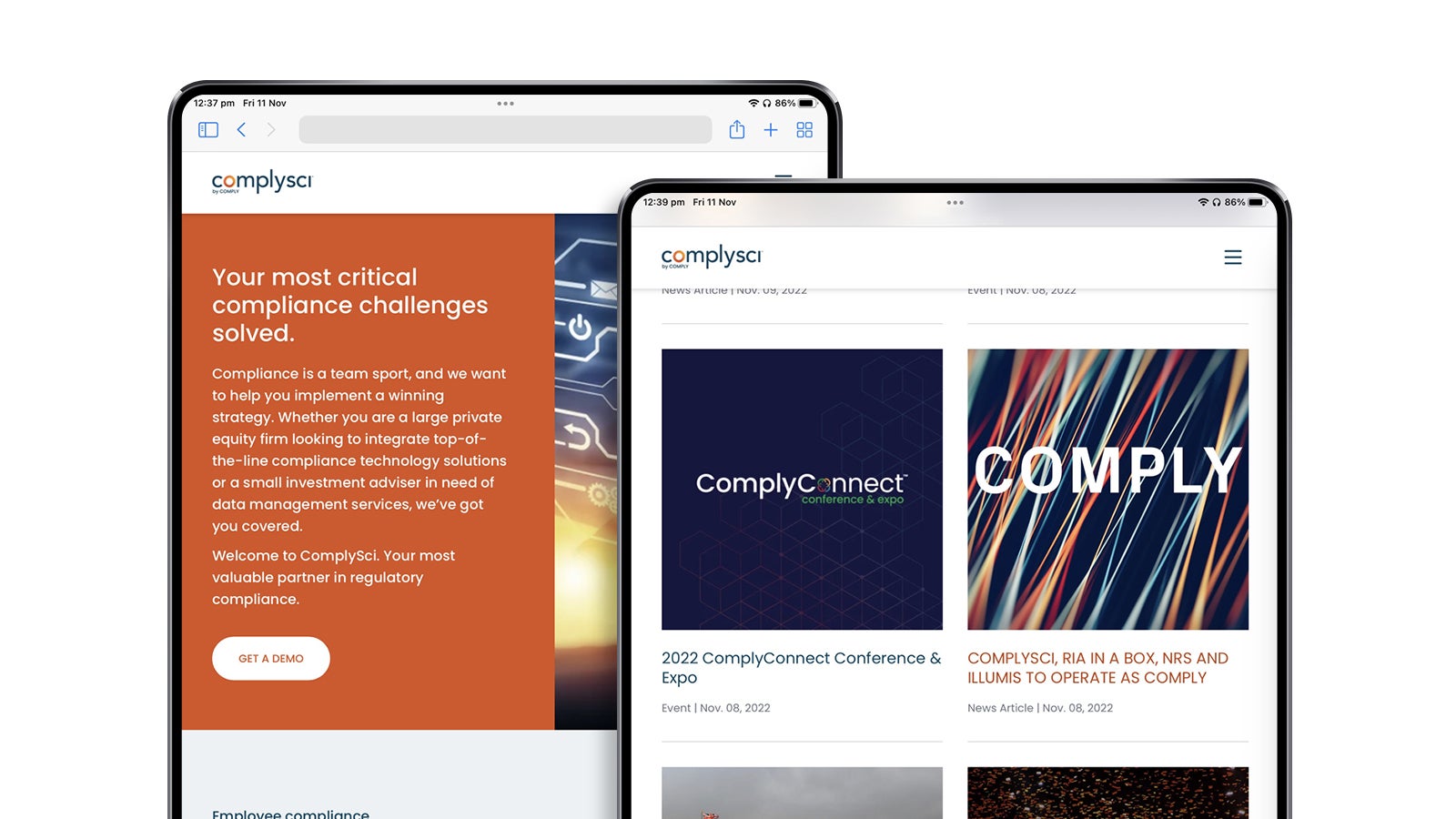 ComplySci | Responsive website shown on two tablets in portrait mode | Devotion