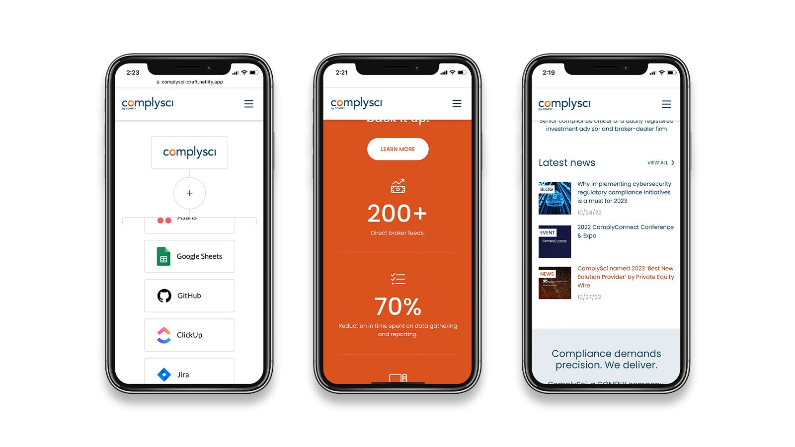 ComplySci | Responsive website shown on three Apple smartphones | Devotion