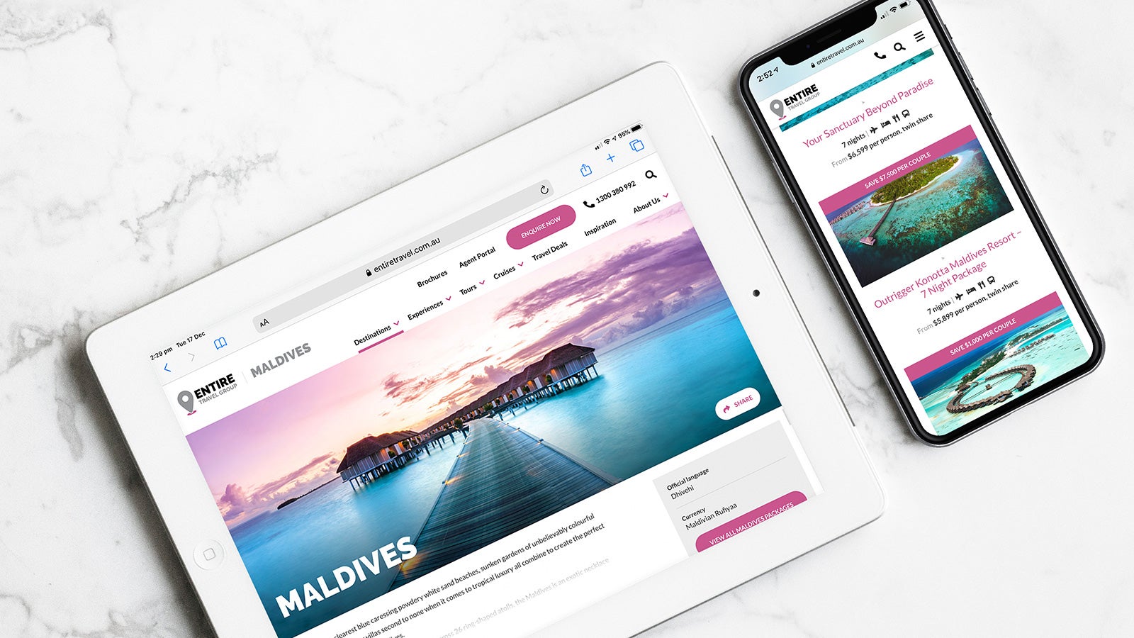 Entire Travel Group gallery image showing the Maldives on both an iPad and mobile phone