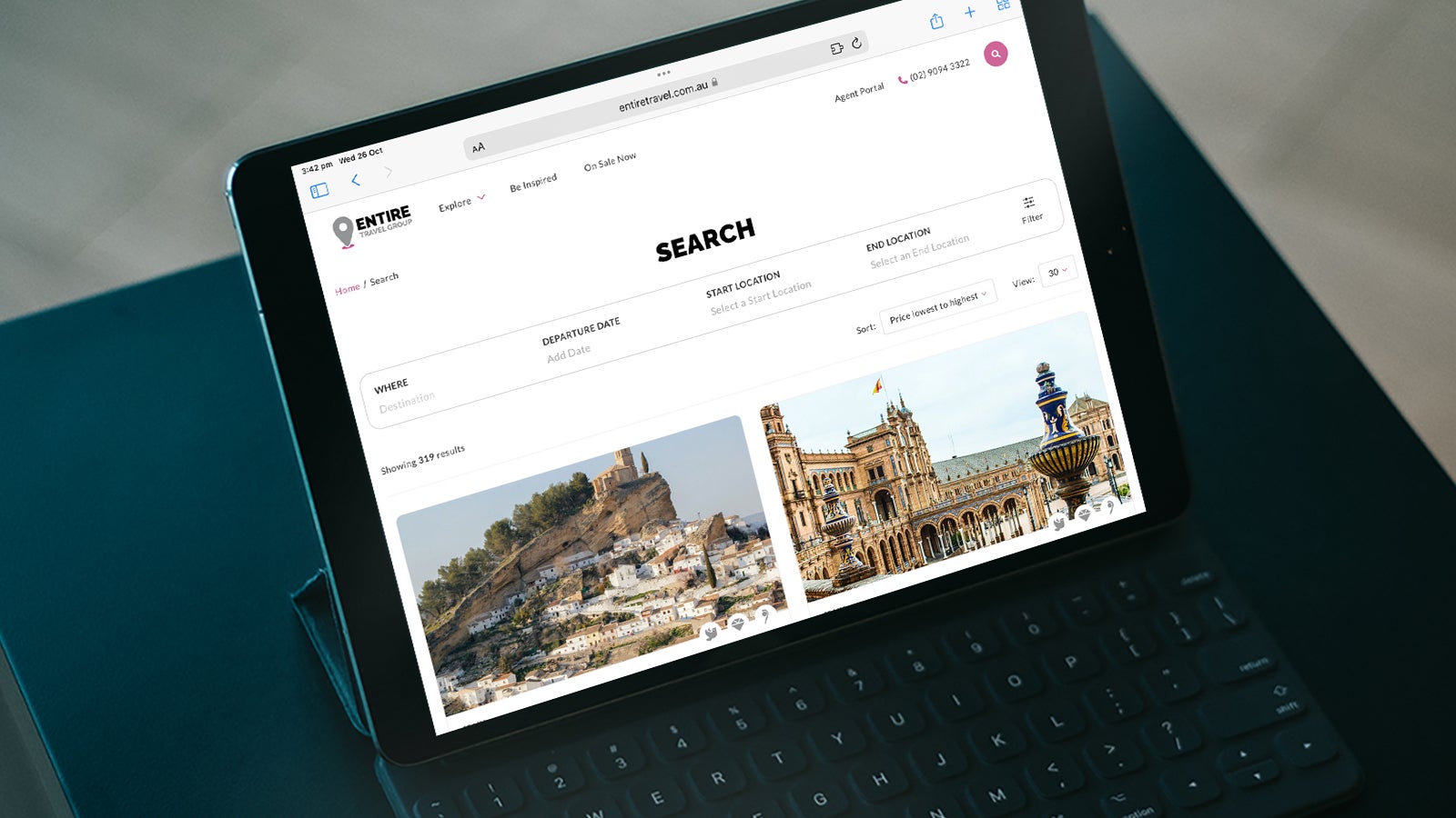 Entire Travel Group gallery image showing the site search on an iPad