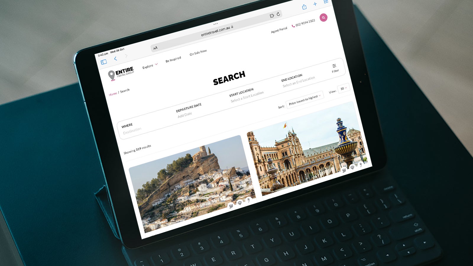 Entire Travel Group gallery image showing the site search on an iPad
