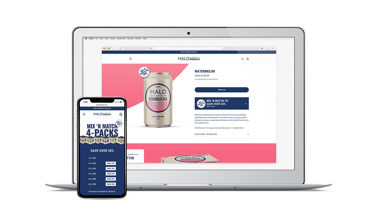 Halo Alcoholic Kombucha | responsive website - laptop and mobile showing product page | Devotion