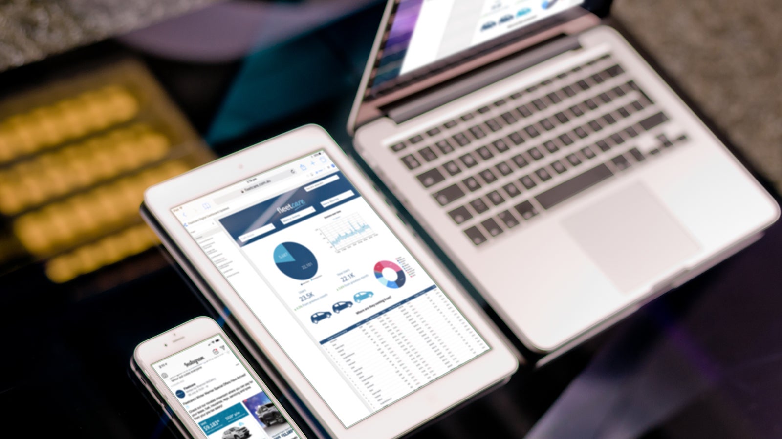 Fleetcare | Fleetcare marketing analytics dashboard on mobile, tablet and laptop | Devotion