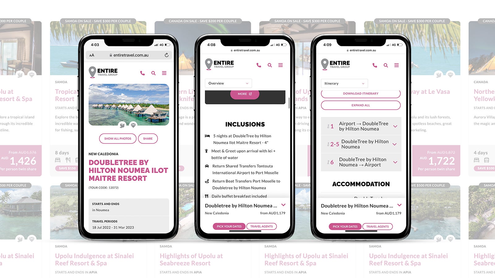 Entire Travel Group gallery image showing a variety of site images on 3 mobile phones, side by side
