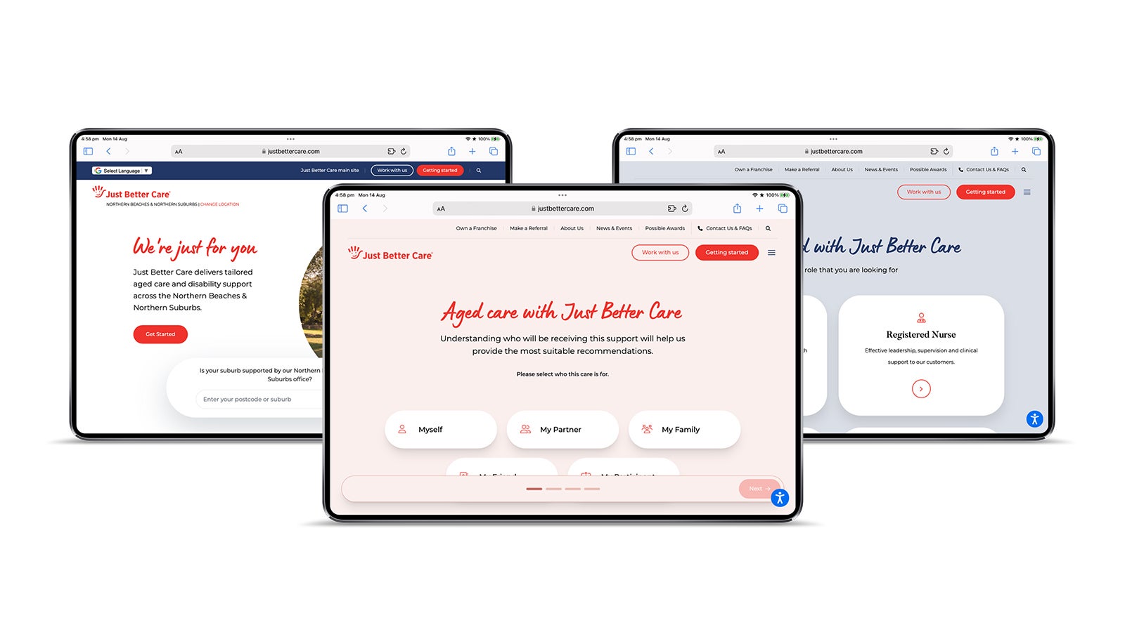 Just Better Care | three website pages on iPads | Devotion