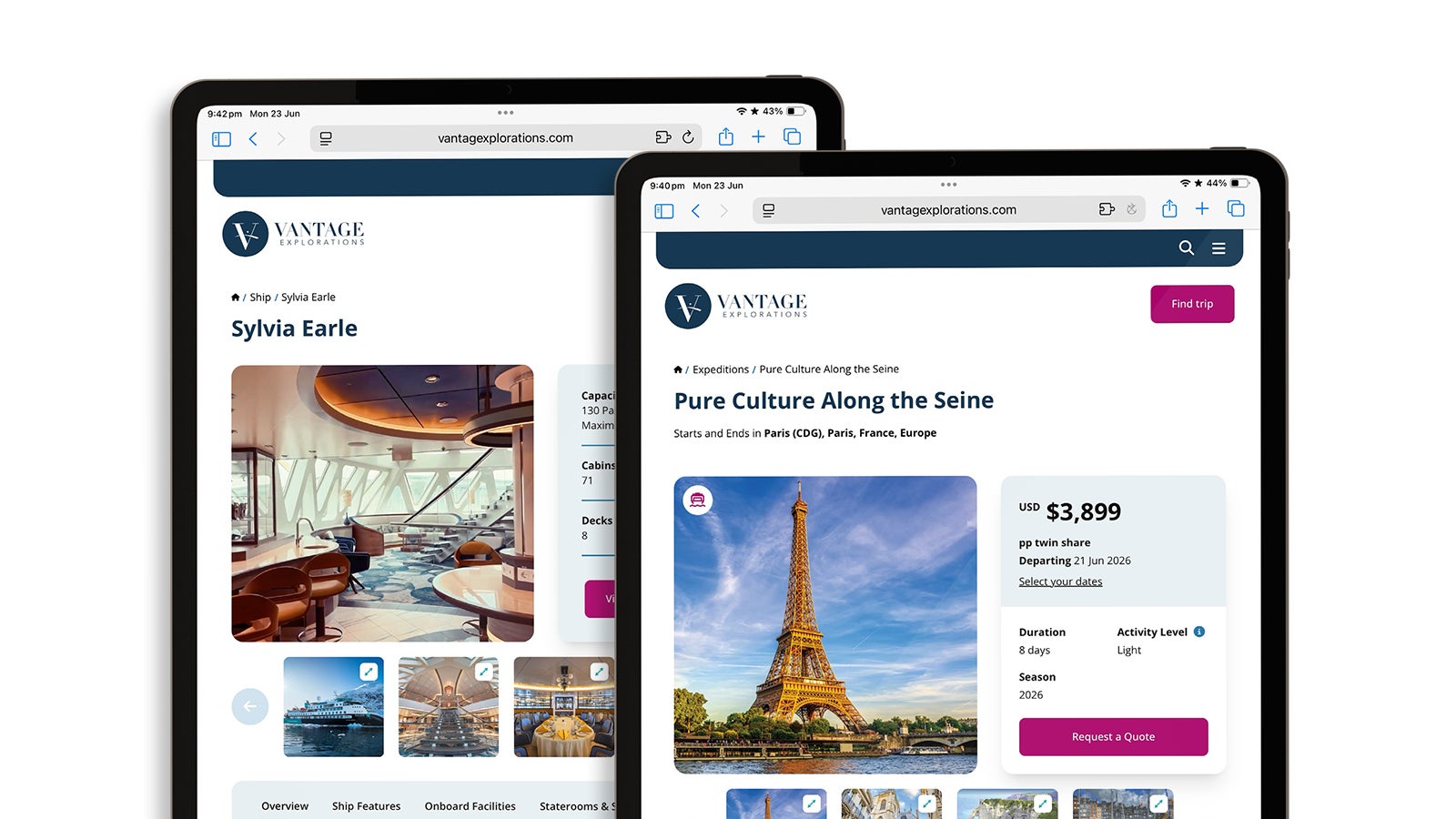 Vantage Explorations | Vantage Explorations website shown on two iPads | Devotion