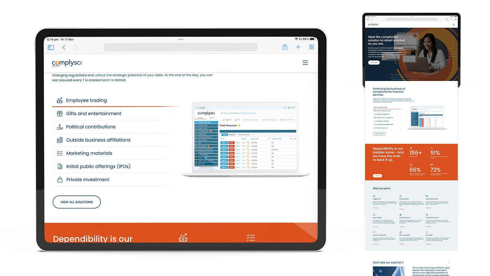ComplySci | Responsive website shown on a tablet in two formats | Devotion