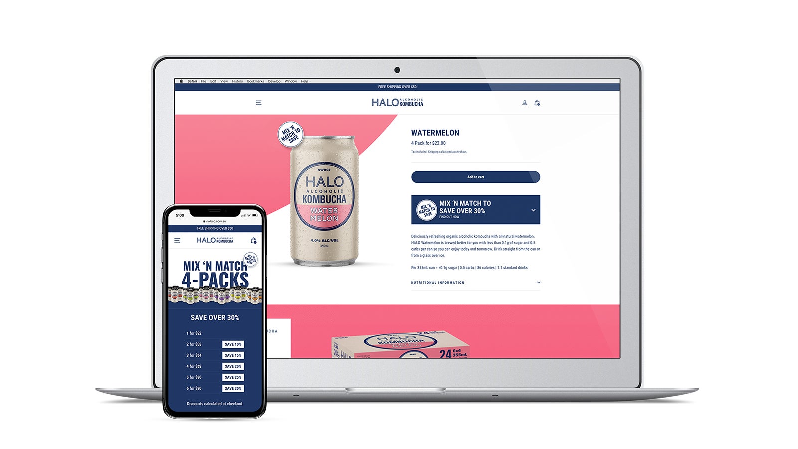 Halo Alcoholic Kombucha | responsive website - laptop and mobile showing product page | Devotion